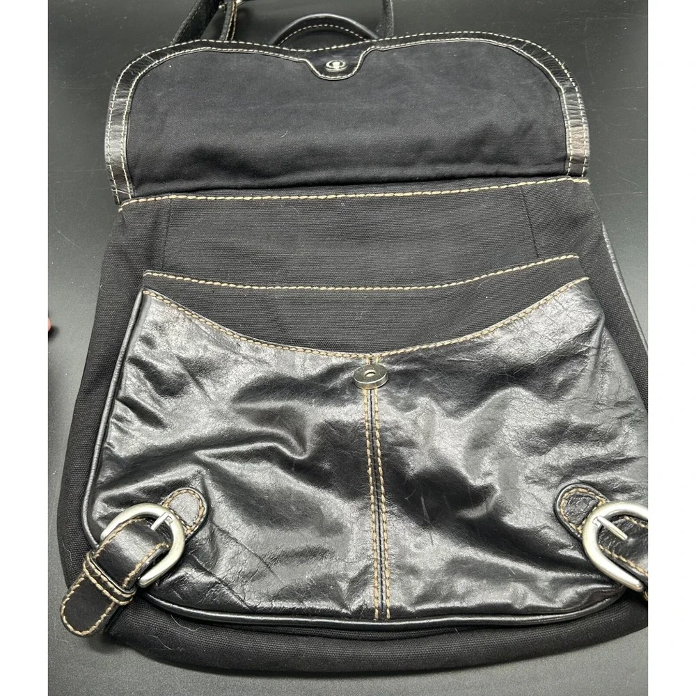 Fossil Vintage‎ Black Leather Canvas Crossbody Bag Messenger Tote